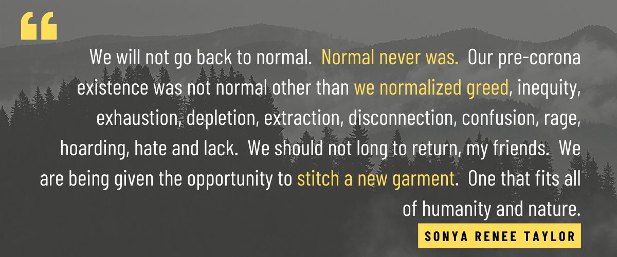 We will not go back to normal. Normal never was. Our pre-corona existence was not normal other than we normalized greed, inequity, exhaustion, depletion, extraction, disconnection, confusion, rage, hoarding, hate and lack. We should not long to return, my friends. We are being given the opportunity to stitch a new garment. One that fits all of humanity and nature.